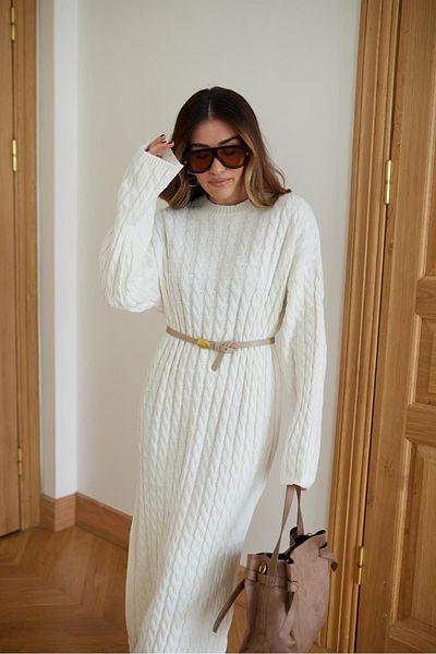 POİNE Women's Crew Neck Hair Braided Knitwear Dress