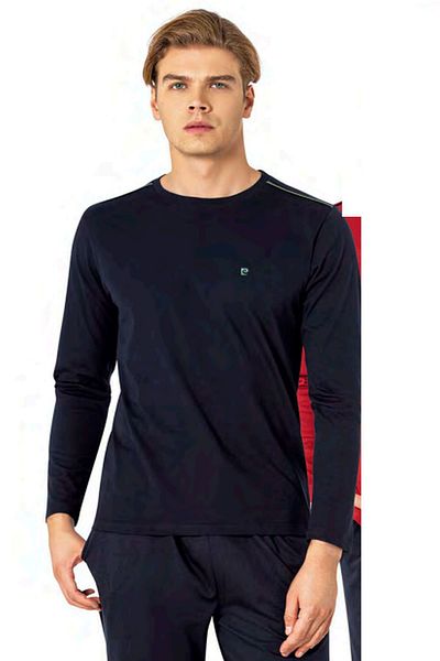 Pierre Cardin 6100 Men's Long Sleeve Crew Neck Pajama Set-Navy Blue