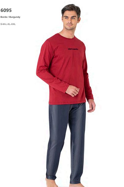 Pierre Cardin 6095 Men's Long Sleeve Crew Neck Pajama Set-Burgundy