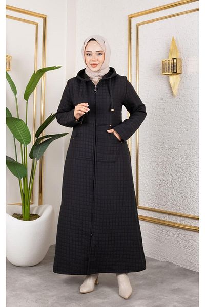 Hb Harma Time Butik Women's Hooded Zippered Pocket Black Quilted Long Cap