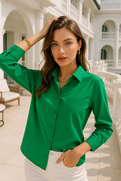 Rich Γυναικείο πουκάμισο με λεπτομέρεια τσέπης από ποπλίνα - Πουκάμισο με κουμπιά με λεπτή εφαρμογή