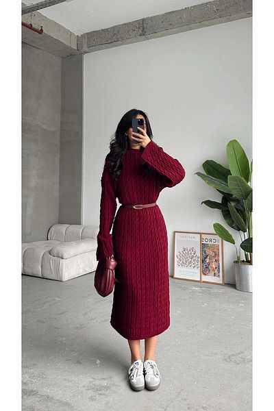 POİNE Women's Crew Neck Hair Braided Knitwear Dress