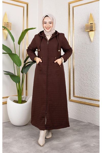 Hb Harma Time Butik Women's Hooded Zippered Pocket Brown Quilted Long Cap