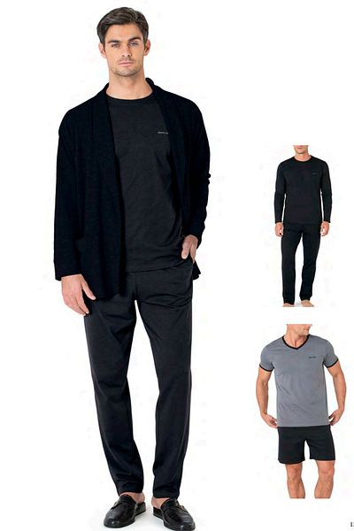 Pierre Cardin 5640 Men's Knitwear Pajama Set with Dressing Gown - Black