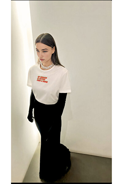melongeneco Beyaz midi orgasm baskılı tişört t-shirt