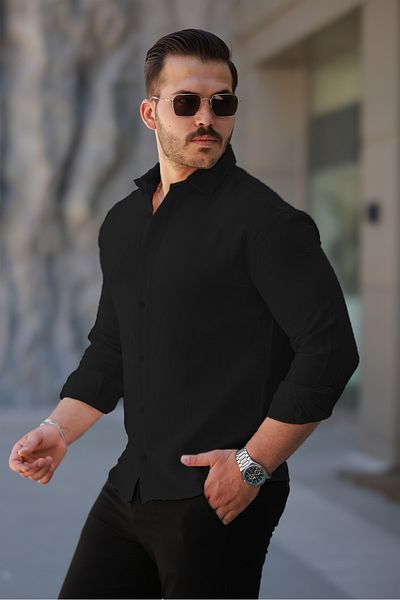 COMBİNE MİCHAİL Men's Linen Look Black Loose Muslin Shirt