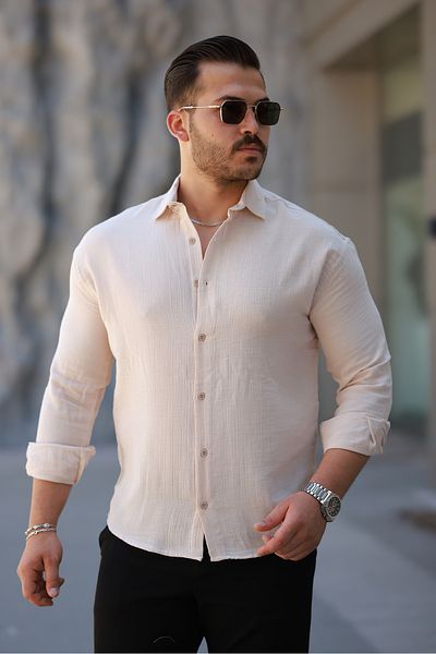 COMBİNE MİCHAİL Men's Linen Look Cream Loose Muslin Shirt