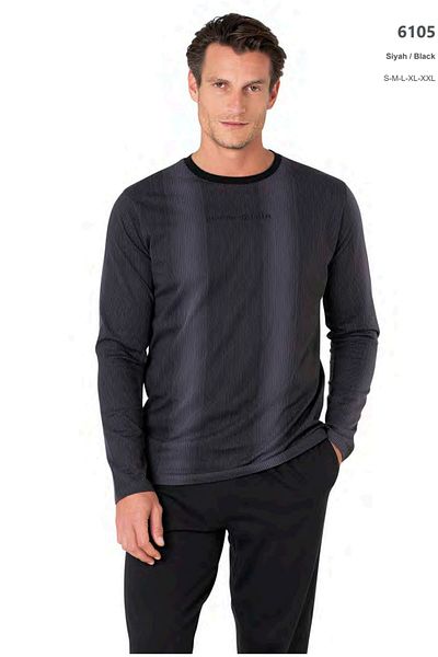 Pierre Cardin 6105 Men's Long Sleeve Crew Neck Pajama Set-Black