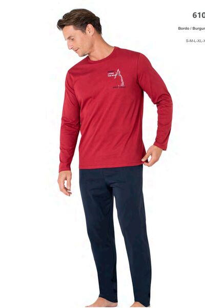 Pierre Cardin 6103 Men's Long Sleeve Crew Neck Pajama Set-Burgundy