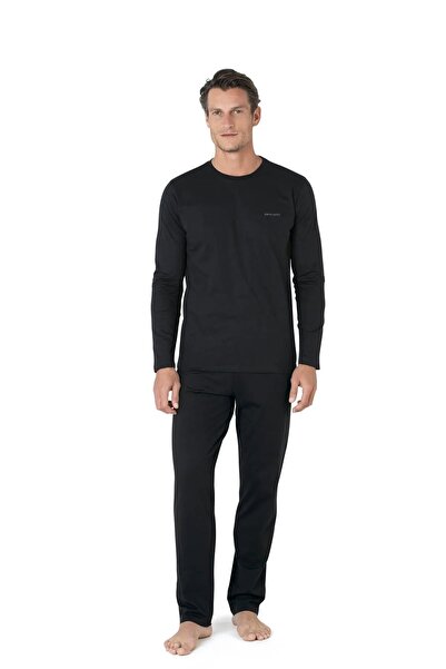 Pierre Cardin 5635 Erkek %100 Pamuk Uzun Kollu Sabahlıklı Pijama Takım-Siyah