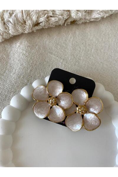 marsel aksesuar Flower Enameled Gold Plated Beige Vip Earrings