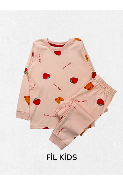 elmas kids Girls' 100% Cotton Pink Strawberry Patterned Long Sleeve Winter Pajama Set