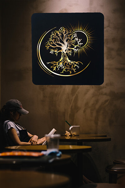 Genel Markalar Led Işıklı Ağaç Güneş Temalı Tablo Duvar Dekorlu Gece Lambası