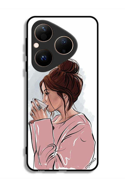 Covernex غطاء حماية لهاتف هواوي بيورا 80، رسم فتاة تشرب الشاي