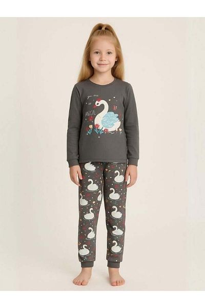 Zekids Girls' Swan Printed Cotton Pajama Set