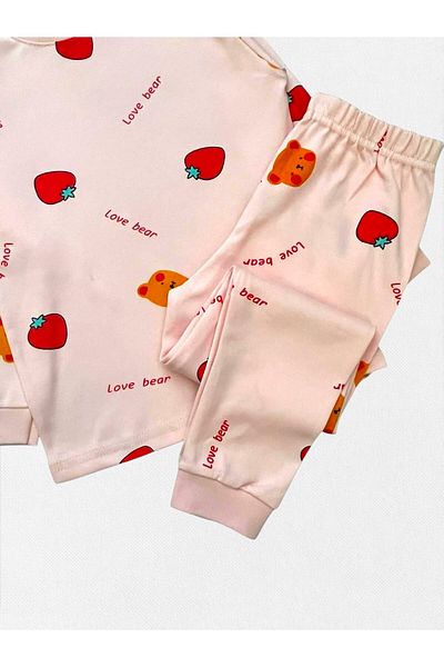 elmas kids Girls' 100% Cotton Pink Strawberry Patterned Long Sleeve Winter Pajama Set