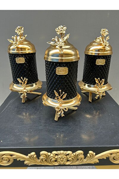 AZADE BAKIR Gold Brass Footed Luxury Crystal Black Glass Jar Set of 3