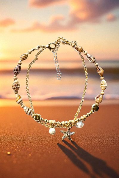 PETEK AKSESUAR 2 Piece Sea Shell Sea Star Chain ​​Anklet