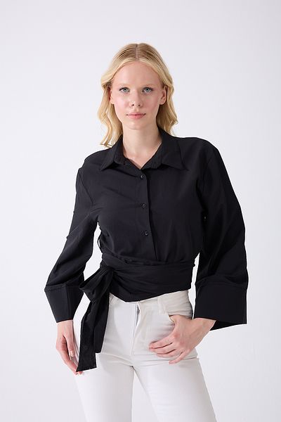 Fumel Women's Spanish Sleeve Tie Waist Belted Black Shirt