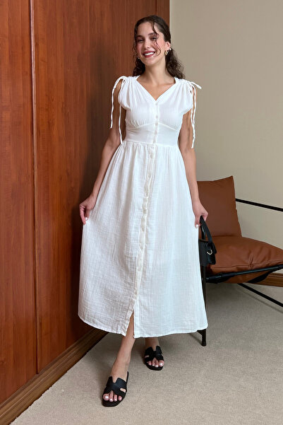 Butik Modana Düğmeli Müslin Elbise