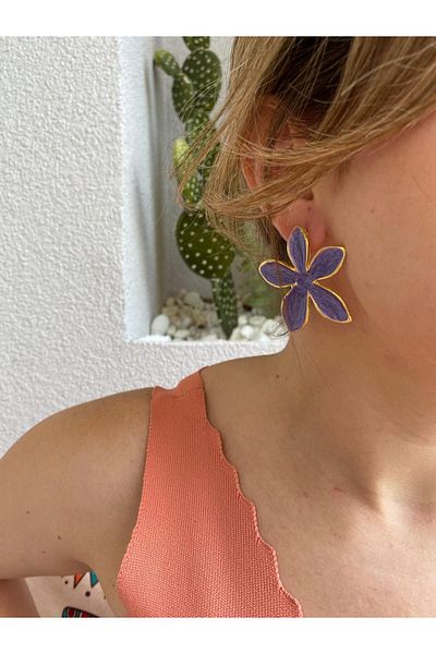 marsel aksesuar Flower Enamel Purple Gold Colored Vip Earrings