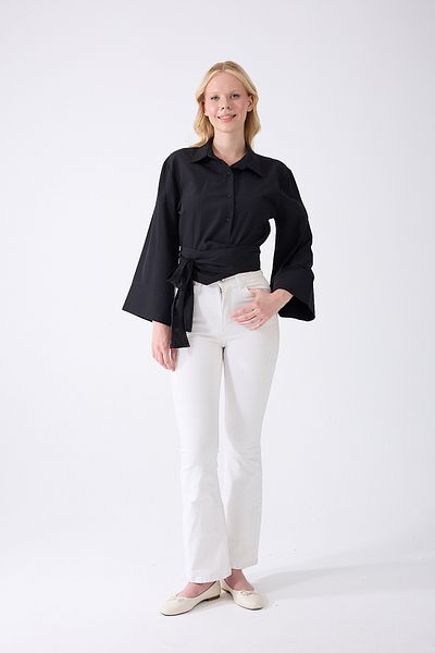 Fumel Women's Spanish Sleeve Tie Waist Belted Black Shirt