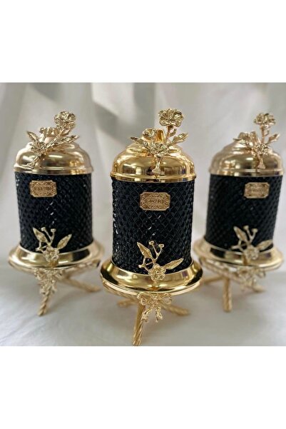 AZADE BAKIR GOLD PİRİNÇ JAPONGÜL AYAKLI LÜX KRİSTAL SİYAH CAM KAVANOZ 3’LÜ SET