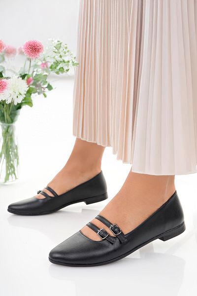 Firibu Women's Ballerinas Black Strappy Belted Lightweight Comfortable Stylish Business Office Daily Shoes Campaign Shoes