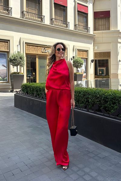 Laluvia Red Satin Blouse Pants Suit - 304900