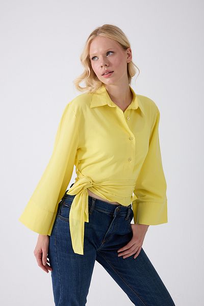 Fumel Women's Spanish Sleeve Tie Waist Belted Yellow Shirt