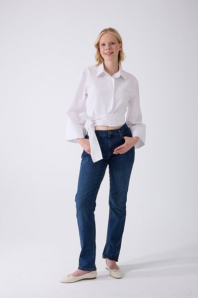 Fumel Women's Spanish Sleeve Tie Waist Belted White Shirt