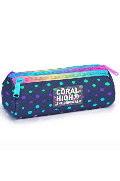 Coral High 11172 Kids Dark Blue Polka Dots Three Compartment Pen Bag