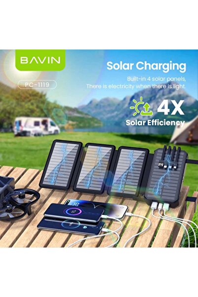 Bavin 20000mAh Solar Power Bank with 4 Foldable Solar Panels, LED Light, and 4 Built-in Charging Cables
