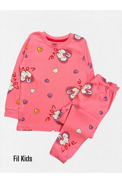 elmas kids Girls' 100% Cotton Pink Heart Rabbit Patterned Long Sleeve Winter Pajamas Set