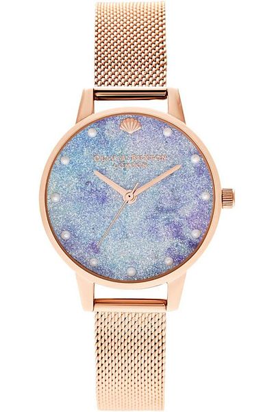 Olivia Burton Under The Sea Womens Lilac & Aqua Glitter & Shell Stud Dial Ionic Plated Rose Gold Steel Watch