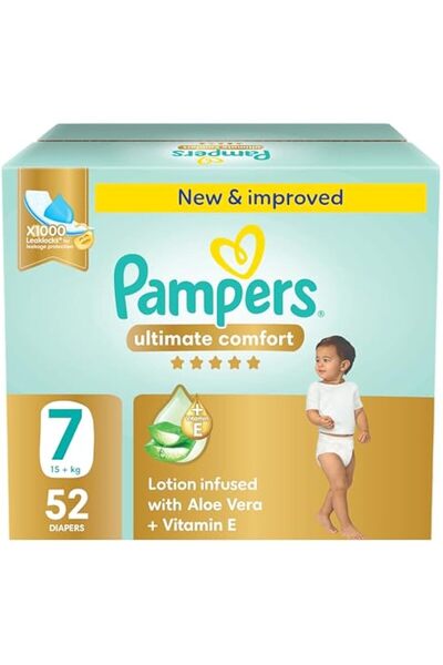 Pampers راحة فائقة، مقاس 7، 15+ كجم، صندوق توفير ضخم، 52 حفاضة