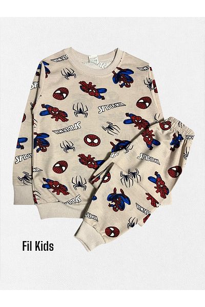 elmas kids Boy's Cotton Beige Color Spider Pattern Long Sleeve Winter Pajama Set