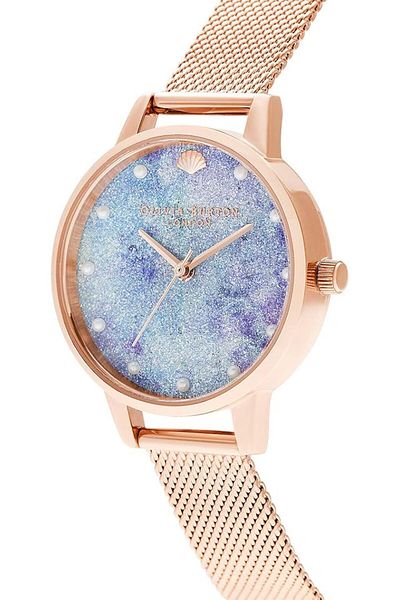 Olivia Burton Under The Sea Womens Lilac & Aqua Glitter & Shell Stud Dial Ionic Plated Rose Gold Steel Watch