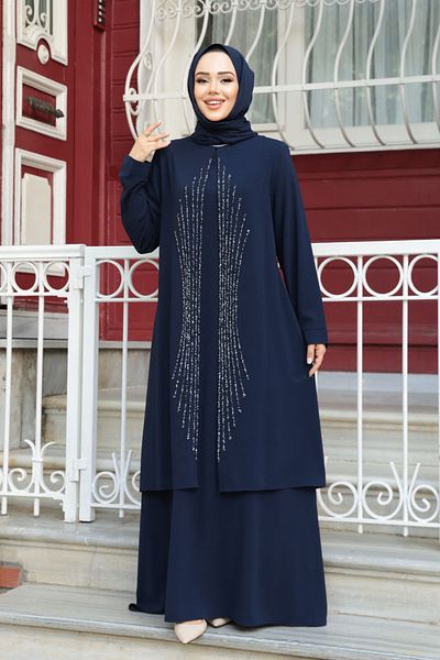 N.S NEVA STYLE Beaded Navy Blue Hijab Abaya 29132L