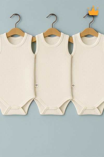 Babyhola 0-3 Years 100% Cotton Wide Strap 3-Piece Baby Badi Patterned Woven Baby Snap Body Ecru 1080