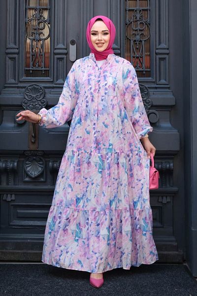 N.S NEVA STYLE Rochie Hijab Liliac cu Motiv 710507LILA