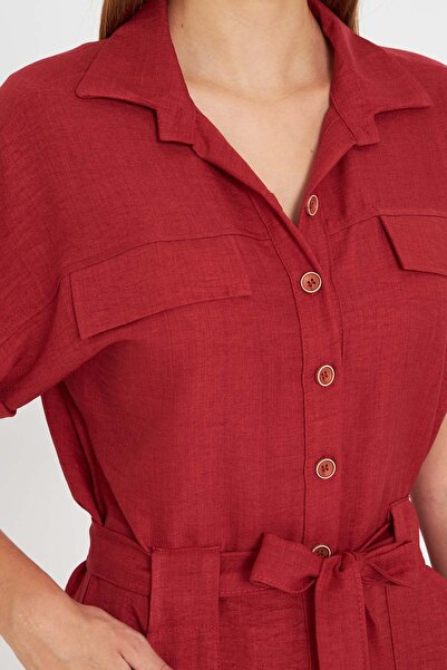 armonika Women's Red Front Buttoned Waist Belted Pocket Bat Sleeve Palazzo Jumpsuit Arm-24Y001105