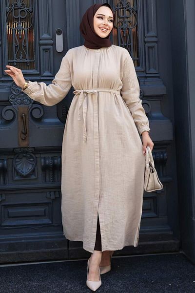 N.S NEVA STYLE Buttoned Beige Hijab Tunic 19045Bej