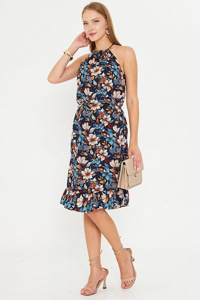 armonika Women's Laci Floral Halter Neckline Belted Skirt Ruffle Dress Arm-23Y001112