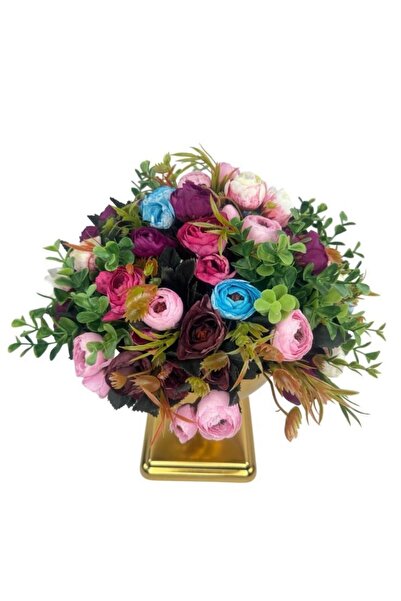 Nettenevime Yapay Çiçek Aranjmanı Erengüllü Altın Renk Metal Burgulu Vazolu Arajman Nişan Kız İsteme Çiçeği