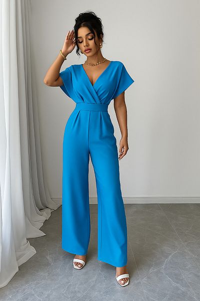 Deafox Blue Women's Short Sleeve Double Breasted Collar Self Belted Jumpsuit
