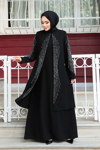 N.S NEVA STYLE Beaded Black Hijab Abaya 29132S