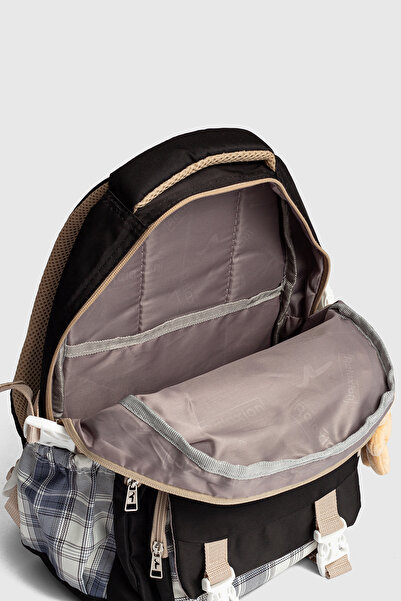 Relaxion Rlx-1396 Set of 3 Children's Primary School Bag Backpack with Pen Holder and Lunch Bag Plaid-Black