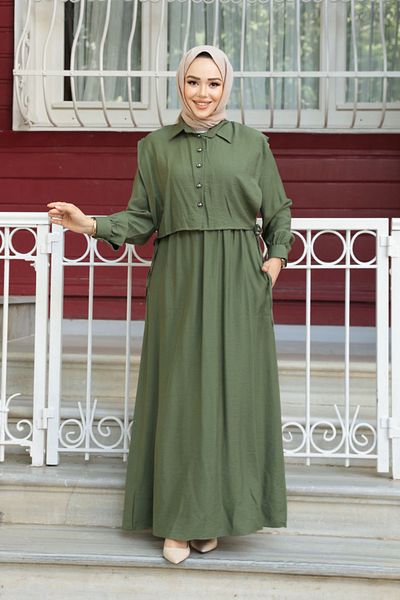 N.S NEVA STYLE Khaki Hijab Dress with Sweater Detail 7253Hk