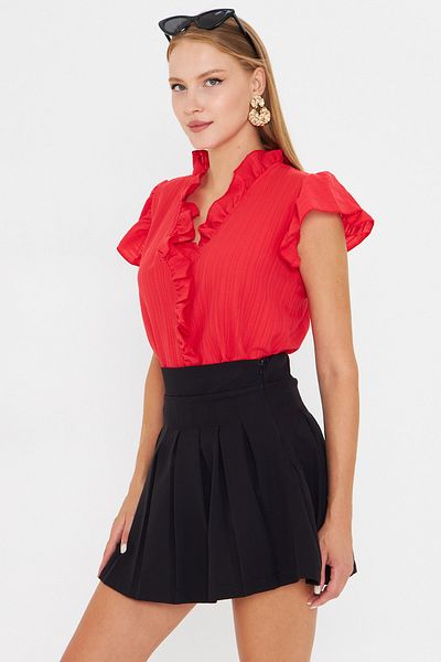 armonika Women's Red Collar and Ruffled Sleeves Blouse Arm-25Y001063